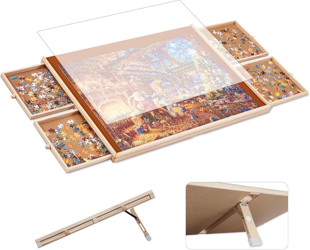 Tilting Puzzle Board with Drawers and Cover, 1000 Piece, 30" x 22", Portable Wooden Jigsaw Puzzle Table for Adults and Kids, 4 Drawers
