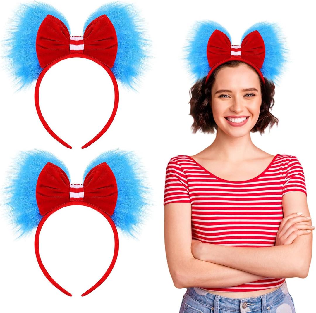 Canlierr Halloween Blue and Red Bow Headband Large Furry Hair Bow Headband Fuzzy Pom Hairband for Women Holiday Party