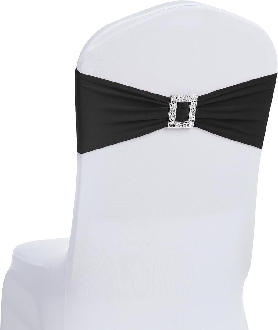 Joccun 60 PCS Spandex Chair Sashes Bows Stretch Chair Cover Band with Buckle Slider Universal Elastic Chair Ties for Wedding Banquet Party Event Decoration (Black)