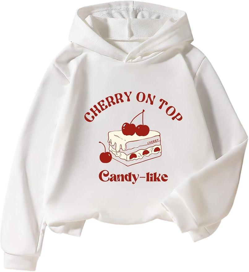 RoseSeek Girl's Graphic Long Sleeve Hooded Sweatshirt Cute Cartoon Print Pullover Hoodies Pullovers Casual Tops White and Red 11 Years