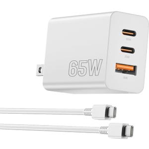 65W USB C Charger Block,3 Port GaN+ USB-C Wall Charger,100W PD Type C Multi Port Power Super Fast Charging Block Adapter&6FT Cable for Samsung Galaxy S26 Ultra/25/24,iPhone 17/16,iPad,MacBook (White)