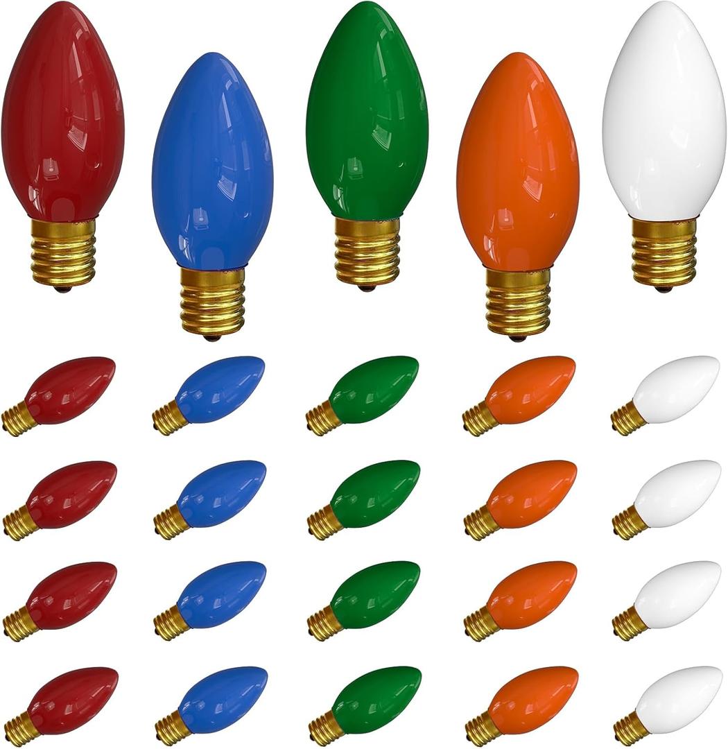 SUNSGNE 25 Pack C9 Multicolor Christmas Light Bulbs, C9 Ceramic Multicolor Incandescent Replacement Bulbs for Outdoor Vintage Christmas String Light, E17/C9 Intermediate Base- 7 Watts