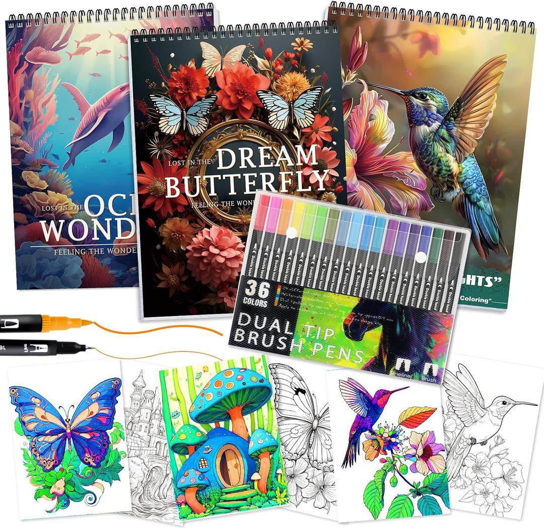 3Pcs Adult Coloring Book for Women Relaxation, 36 Colors Markers with Spiral Bound Adult Coloring Book for Women, 36 Dual Tip Colors Markers, Anxiety Relief Mindfulness Gifts(Ocean & Bird & Butterfly)