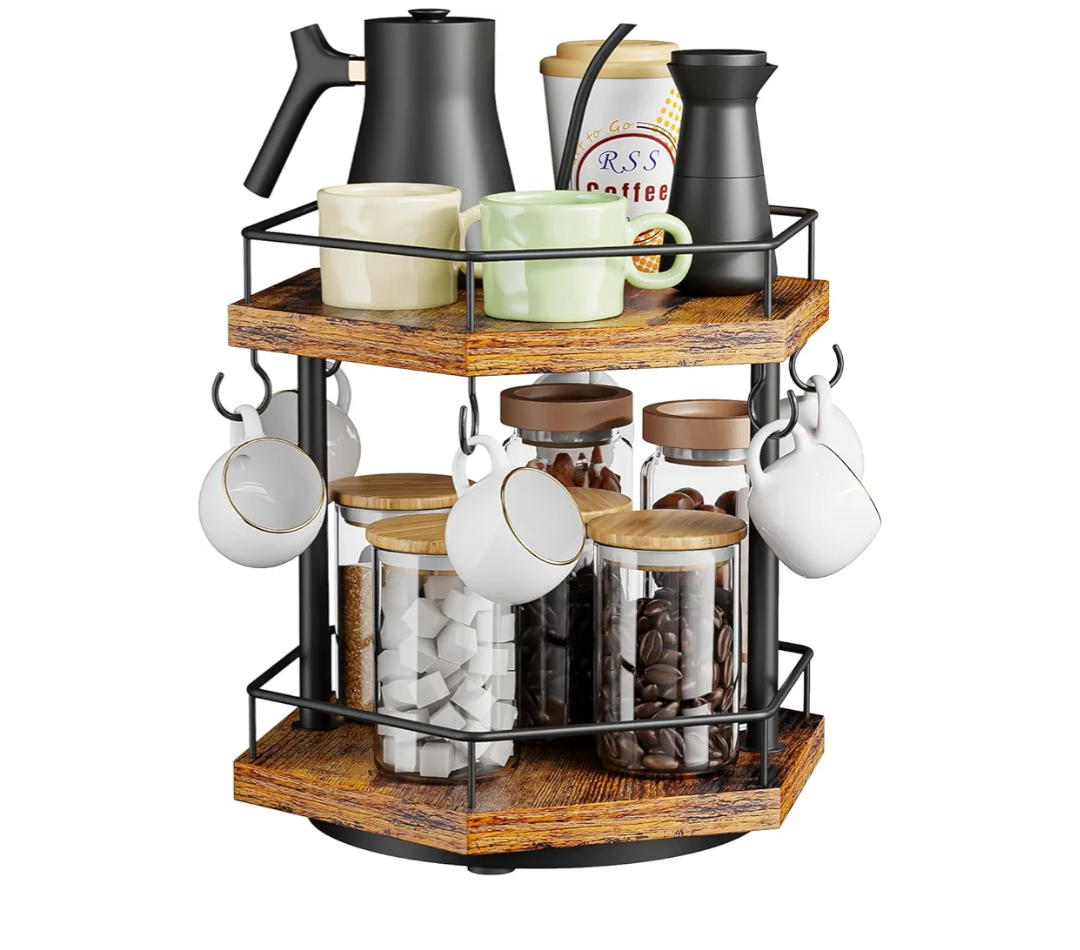 KLM 2 Tier Coffee Station Organizer, Countertop Rotating Cup Holder with 6 Hooks, 5.9 x 8.7 x 12.2 inches