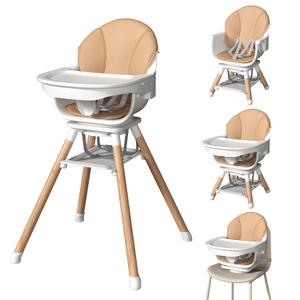 EROMMY Baby High Chair,6-in-1 Convertible Wooden High Chair for Babies and Toddlers-Baby Feeding Chair with 5-Point Harness,Adjustable Highchair Features,Removable Double Tray&360Swivel Seat