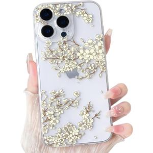 NITITOP Compatible with iPhone 14 Pro Case Clear Cute Cherry Blossom Floral Flowers Pattern for Girls Women Soft TPU Transparent Shockproof Protective Phone Cover - White
