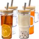 24oz Glass Cups with Lids and Straws - Glass Tumbler cup with bamboo lids and straw iced coffee cup (4pack)