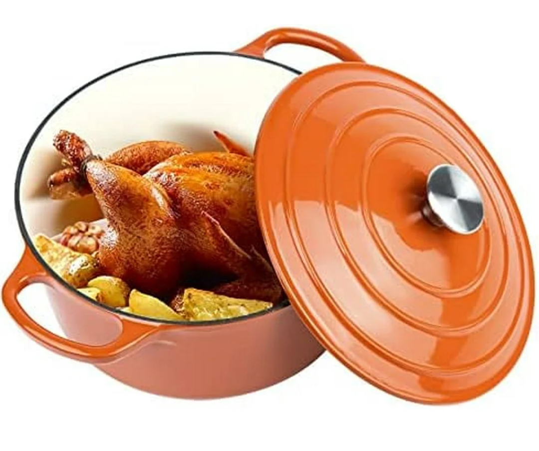 MUELLER HOME 6 Quart Enameled Cast Iron Pot Dutch Oven, Heavy-Duty, Oven-Safe up to 500° F & Across All Cooktops, Bread Pan with Lid & Knob, Cast Iron Cookware, Blue Kitchen Accessories, Orange