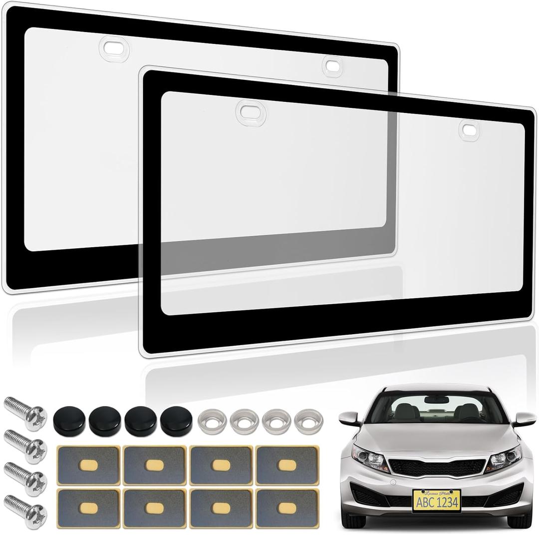 BGGTMO Clear License Plate Covers- Black Car Tag Frame, Unbreakable Number Plate Protector with Screws Caps and Rattle Proof Pads, 2 Pack for Front Rear