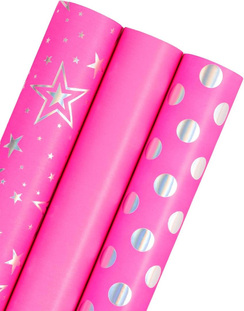 WRAPAHOLIC Pink Girls Wrapping Paper Roll - Mini Roll - 3 Roll - 17 Inch x 120 Inch - Foil Wrapping Paper for Kids Girls Birthday, Baby Shower, Wedding, Bridal Shower (Star/Dot/Solid - Pink)