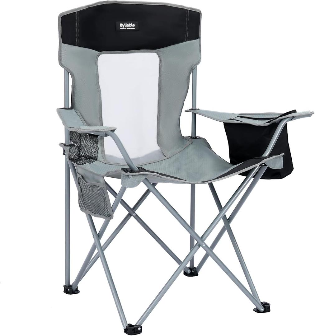 Byliable Camping Chairs Lawn Portable Foldable Camp Folding Lightweight Chair for Adults with Drink Holder and Cooler Pouch Outdoor for Camping, Lawn, Sports, Picnic, Music Festival, Gray Black, Large