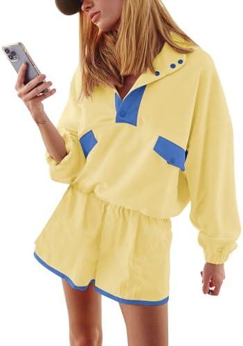 ACCPUR Quarter Button Sweatsuits Women Oversized Color Block Sweatshirts Sets Shorts Tracksuits 2025 Casual 2 Piece Outfits Size Small