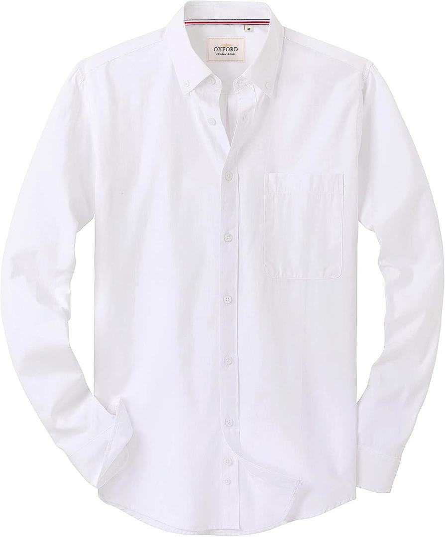 Alimens & Gentle Mens Solid Oxford Shirt Long Sleeve Dress Shirt Work Casual Button Down Shirts with Pocket (White, XXL)