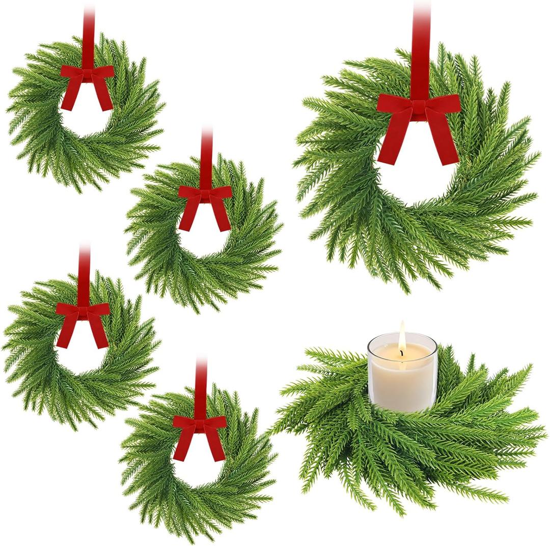 6 Pcs Mini Christmas Wreaths for Kitchen Cabinet, 7.87" Small Christmas Wreath with Ribbon Bows, Norfolk Pine Candle Ring Holder for Table Centerpiece Window Chair Wall Decors