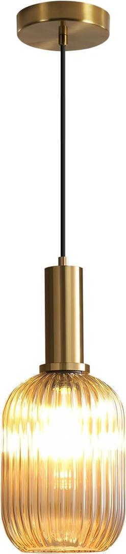 KCO Lighting 1-Light Amber Glass Ceiling Light Fixture Vintage Striped Glass Pendant Light Farmhouse Cylinder Pendant Light Gold Mini Kitchen Island Pendant Lighting Single Hanging Light