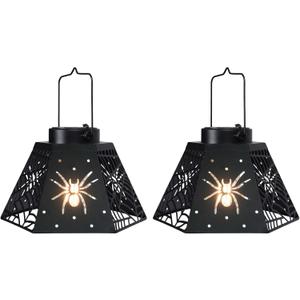 WONDER GARDEN Halloween Lantern Lights, 2 Pack Solar Hanging Spider Wed Lights, Metal Decorative Light for Outdoor Porch Yard Garden Tree Decor