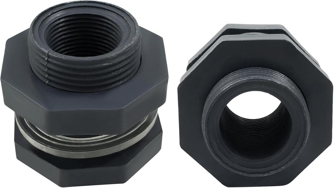 2pcs NPT3/4 PVC Bulkhead Fitting, 3/4 Inch Plastic Water Tank Connector Threaded Thru-Bulk Pipe Fittings for Rain Barrels, Aquariums, Bucket Hose Adapter, Ponds, Pools
