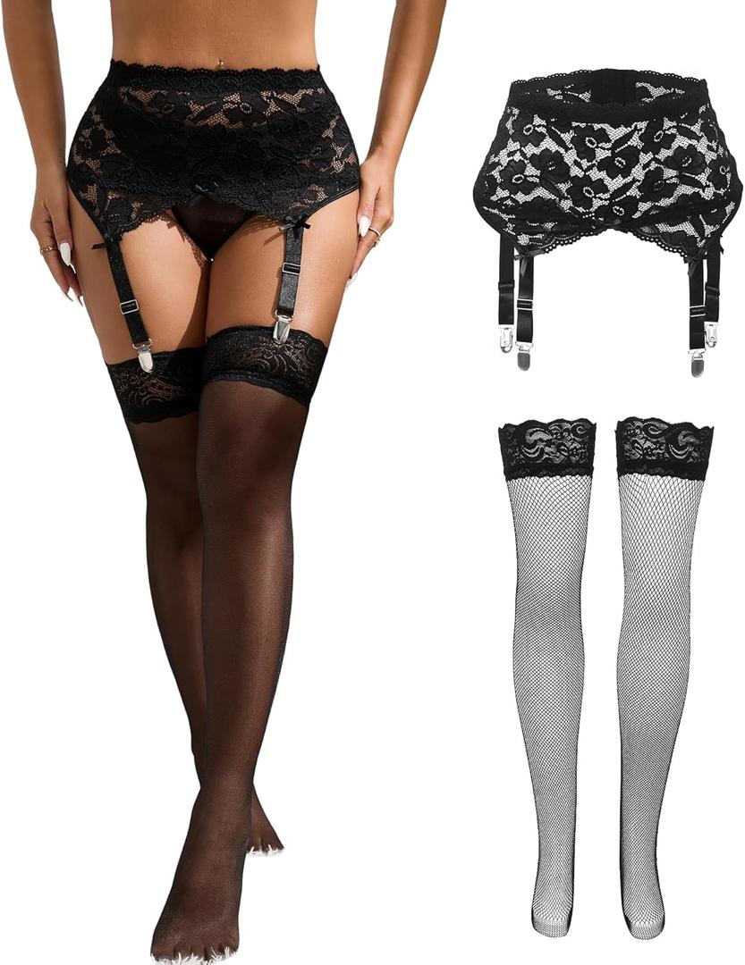 ohyeahlady Women Thigh Highs Stocking for Garter Belt Sexy Mesh Lace Plus Size Suspender with 4 Straps Metal Clips (XL-2XL)