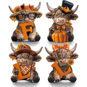 Sosation 4 Pcs Fall Highland Cow Figurines Autumn Pumpkin Highland Cow Gnomes Maple Leaf Scottish Resin Statue Calf Lovers Gifts for Thanksgiving Home Garden Kitchen Office Tiered Tray Table Decor