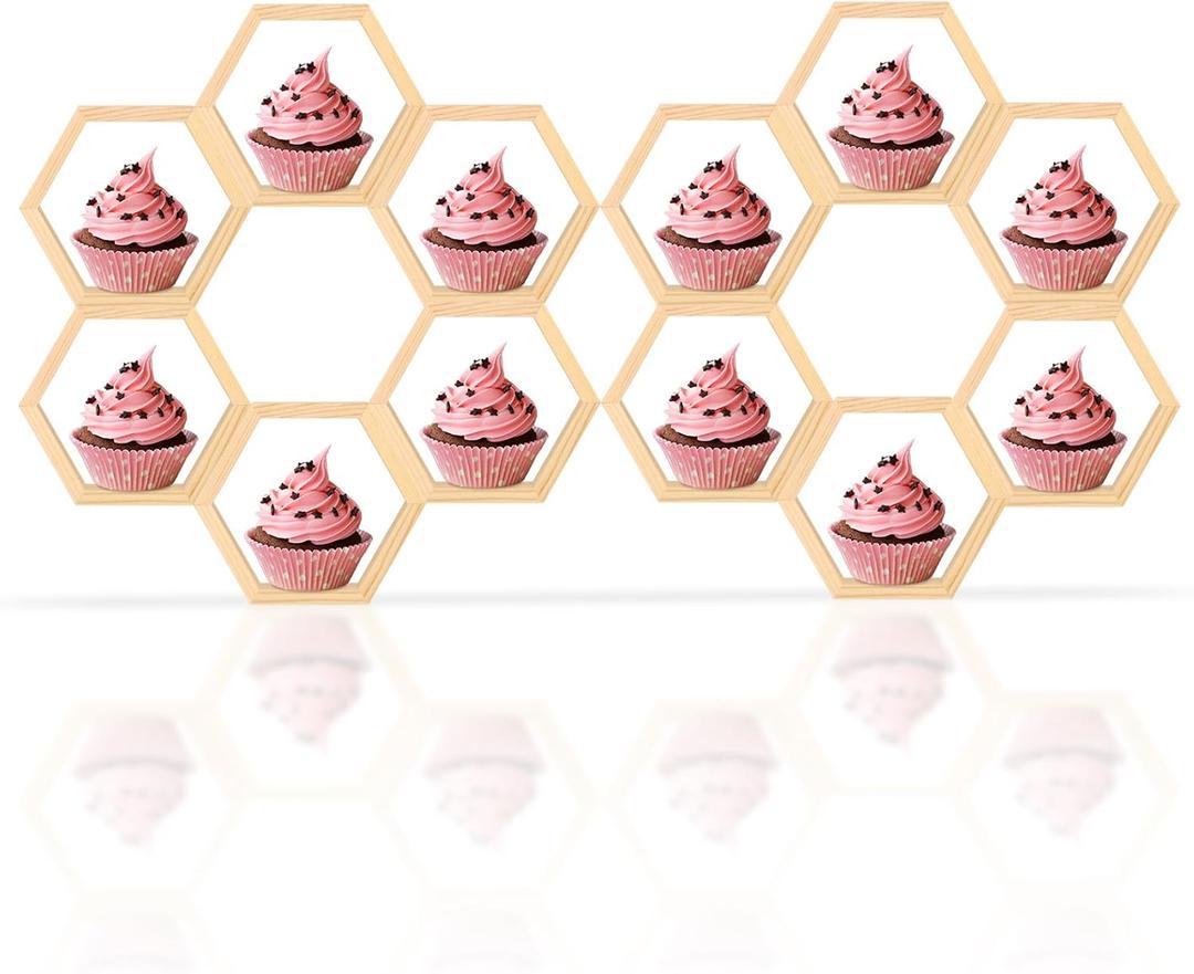 12PCS Mini Honeycomb Cupcake Stand with 300PCS Dot Adhesive Wooden Hexagon Cake Display Holder Hexagonal Cupcakes Shelves Farmhouse Wooden Floating Table Sign for Baby Shower Birthday Party
