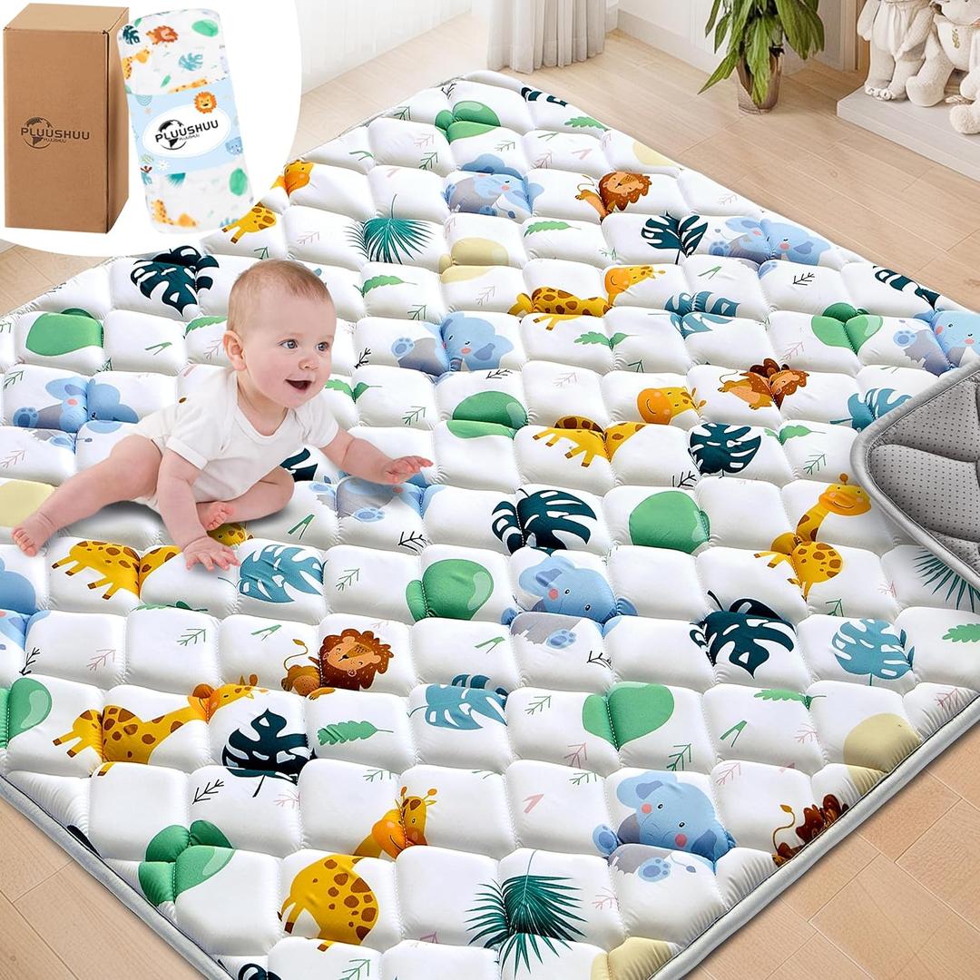 Baby Play Mats for Floor, 59x59 Playpen Mat for Babies, Extra Thicker & Soft Floor Crawling Mat, Foldable Non-Slip Playmat Cushioned for Infants Toddlers, Cute Animal Design (White-green)