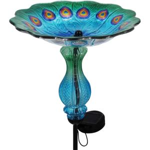 John's Studio Peacock Bird Bath for Outdoor - Glass Bowl Solar Light Cage Outside Dish Bird Feeder with Metal Stake for Garden, Yard and Patio - 32 inches