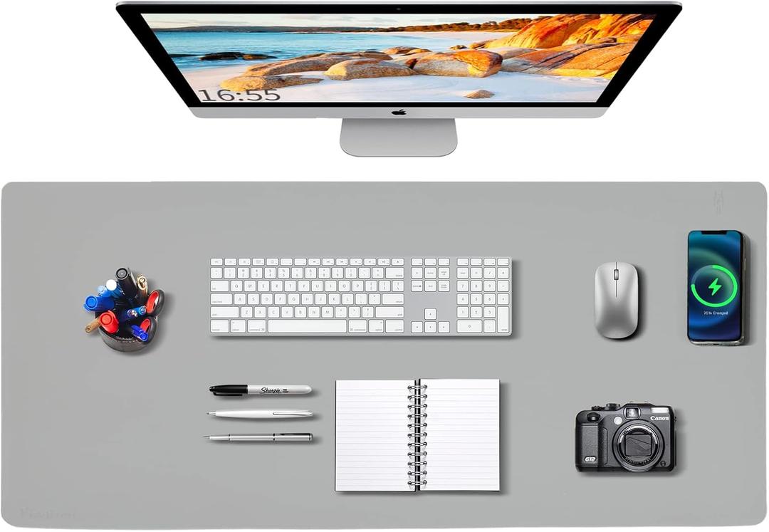 Desk Mat Wireless Charging Mouse Pad Large 32x16 Journey Desk Pad Mat with Wireless Charger Waterproof Grey Leather Computer Mat with Phone Charger Mousepad Non-Slip for Keyboard and Mouse (Right)