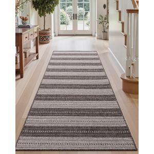 DEXI Hallway Runner Rug 3.3x6.7, Woven Braided Farmhouse Runner Carpet Indoor, Absorbent Thin Long Entryway Runners for Kitchen, Laundry Room, Patio Entrance, Striped Grey