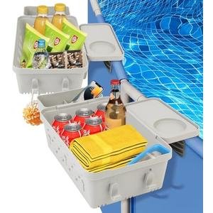 Upgrade Poolside Storage Basket, Swimming Pool Storage Basket with Pool Cup Holder Above Ground Pool Accessories , Adjustable Width Pool Side Storage Bin to Organize Cup Towel, Fits 3" Rails (2pack)
