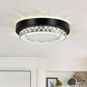 Flush Mount Ceiling Light LED Crystal Bathroom Light Fixture Small 9 Inch Dimmable Hallway Lighting Black Modern Foyer Ceiling Lights for Entryway Laundry Room Dining Room Bedroom