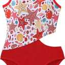 Girls One Piece Swimsuits Cute Bow Straps Flower Graphic Bathing Suits for Girls (9-10 Years, Red)