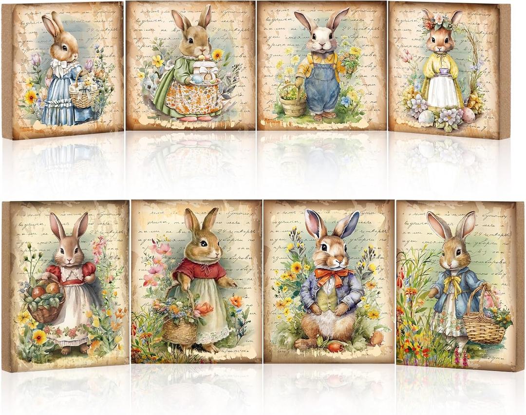 Wenqik 8 Pcs Vintage Easter Decorations Retro Bunny Egg Wooden Sign Easter Table Centerpiece Rustic Ornaments Tiered Tray Decor Sign for Spring Home Tabletop Fireplace Decorations Supplies, 8 Styles