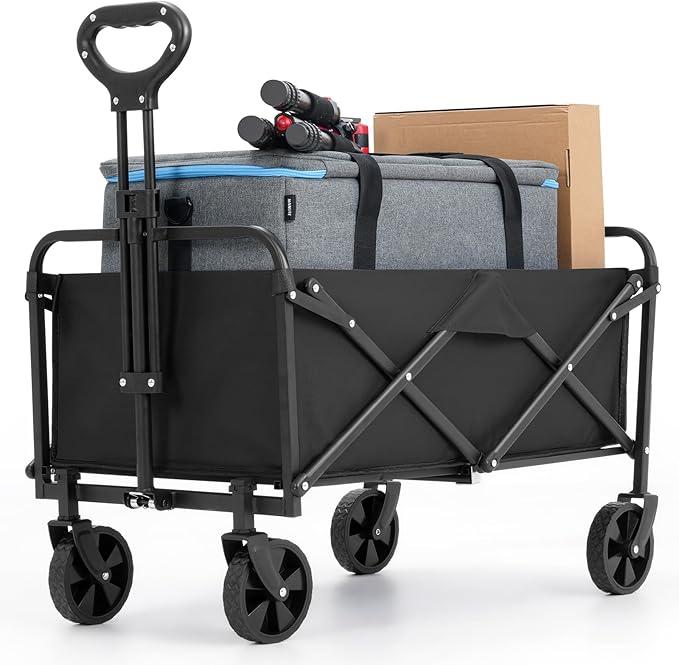 Foldable Wagon,Wagons Carts Foldable with Wheels,Utility Grocery Folding Beach Wagon for Sand Garden Sports Shopping Outdoor(Black)