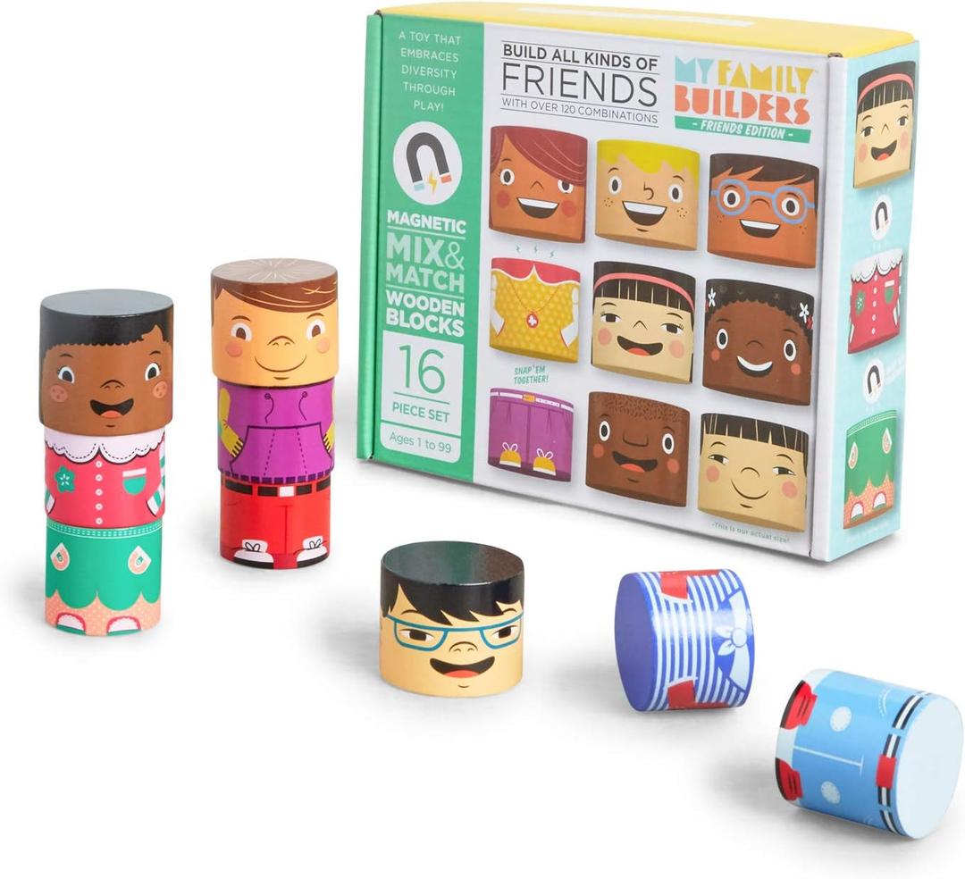 16-Piece Multiracial Magnetic Friends Play Set Wooden Diversity Building Blocks for Kids Multi-Cultural Dolls for Creative Play & SEL Development Ages 1+
