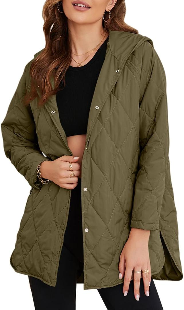 EVALESS Long Jackets for Women Fashion 2025 Winter Coat for Women Business Casual Diamond Quilted Hooded Lightweight Jackets (Small, Army Green)