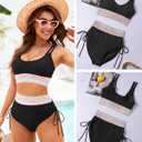 High Waisted Bikini Sets for Women Sporty Color Block Two Piece Bathing Suit Tummy Control Swimsuits Scoop Neck (Black, S)