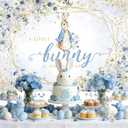 Bunny Themed Baby Shower Backdrop Blue Floral Rabbit Easter Party Decoration Supplies Newborn Birthday Boys Baby Shower Photography Background Cake Table Banner Photo Booth Studio Props 7x5ft