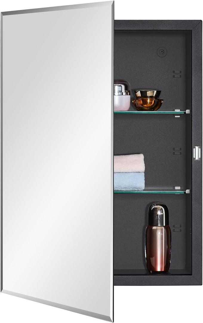 Black Bathroom Medicine Cabinet with Beveled Edge Mirrored Door 16 x 22 inch, Recessed or Surface Mount, with Adjustable Glass Shelves