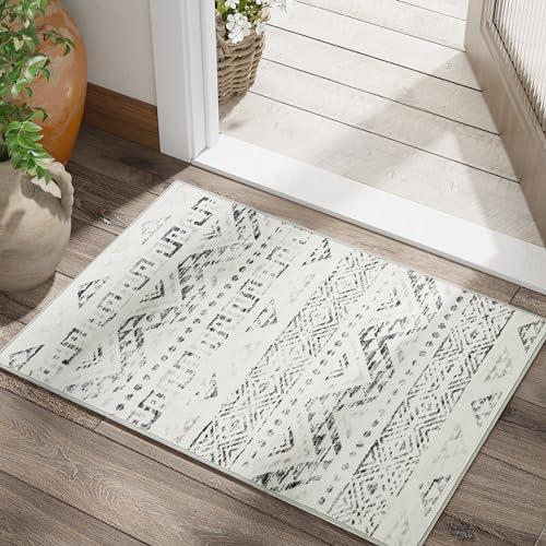 jinchan Boho 2x3 Rugs for Entryway - Machine Washable Doormat Moroccan Soft Throw Rug Bohemian Diamond Non-Slip Carpet for Entrance Kitchen Laundry Room Bedroom (2‘x3',Charcoal)