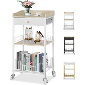 4-Tier Tall Nightstand with Storage Drawer, Small Side Table with Wheels & Basket, Rolling Bathroom Table for Small Spaces, Bedroom, Living Room, Dorm, White and Natural