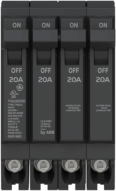ABB Q-Line THQLQ202020 Quad Circuit Breaker  20A/1P & 20A/2P & 20A/1P Configuration  120/240 VAC, 10 kAIC  Thermal Magnetic Trip  Space-Saving Plug-in Mount Type