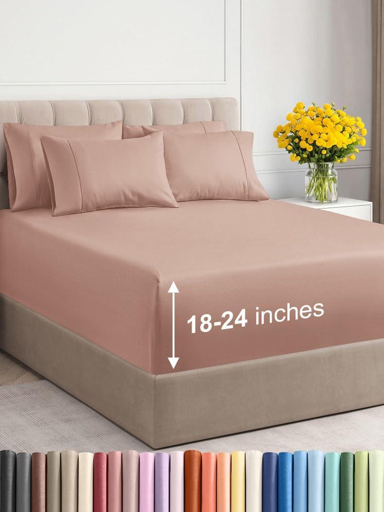 Extra Deep Cal King Sheet Set - 6 Piece Breathable & Cooling Sheets - Hotel Luxury Bed Sheets Set - Easy & Secure Fit - Soft, Wrinkle Free & Comfy Sheets Set - Mauve Sheet Set with Extra Deep Pockets