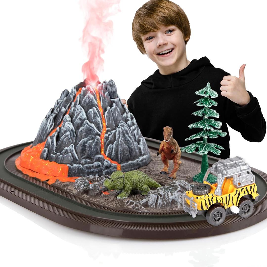 ArtCreativity Dinosaur Playset with Volcano Eruptions, Sounds & Wind-up Truck