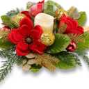 18" Centerpiece with Flameless LED Candle Holder, Design with Red Artificial Magnolia, Gold Baubles & Spruce Branches for Holiday Decor (Red)