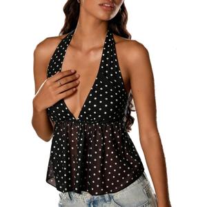Mxiqqpltky Halter Neck Polka Dot Tops for Women Sexy Sheer Mesh V Neck Peplum Tie Backless Y2k Going Out Tank Top Clubwear (Black, L)