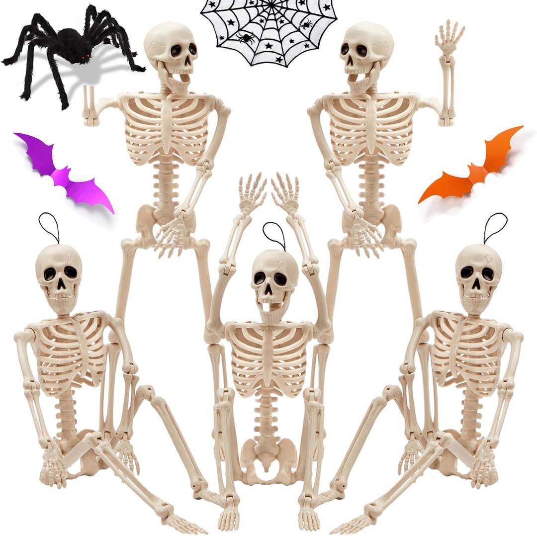 5PCS 16 Inch Height Halloween Decorations Outdoor Indoor Halloween Skeleton Spooky Posable Skeletons Toy Small Skeletons Hanging Decor Movable Joints Decor Graveyard Haunted Party Accessories