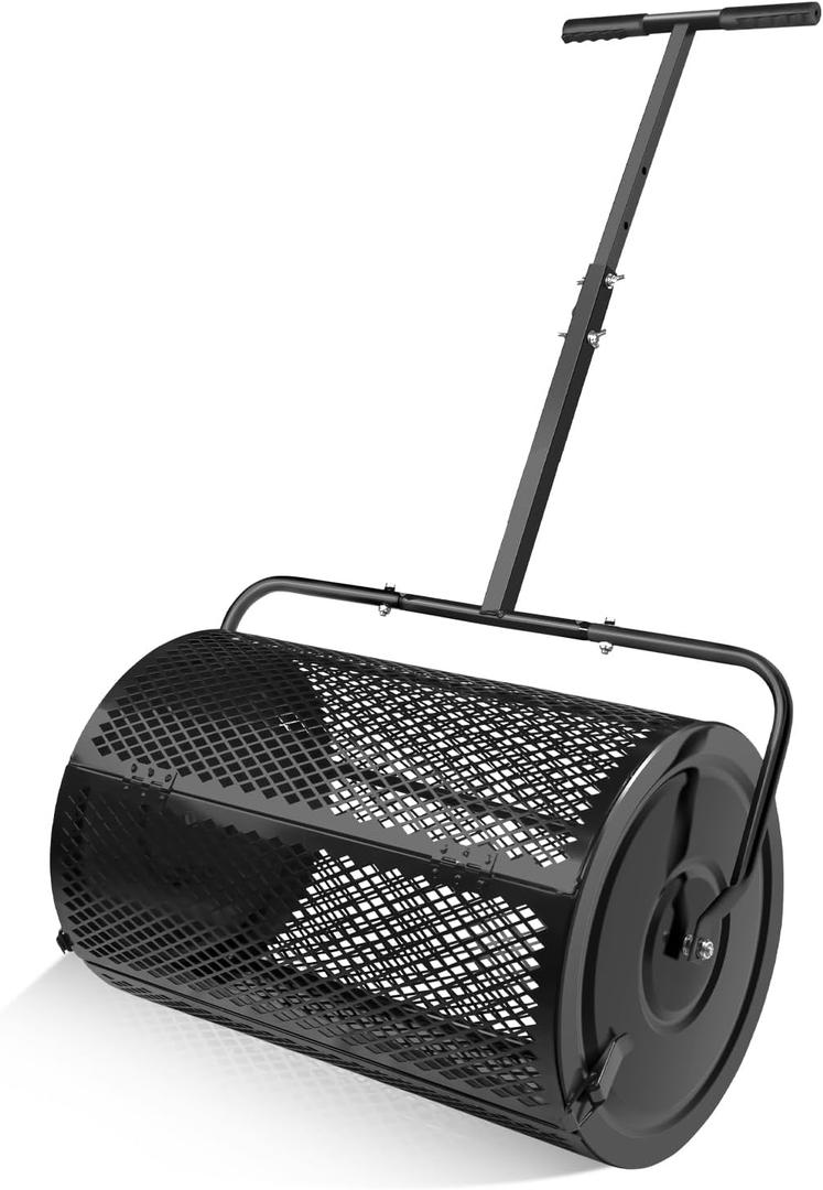 24 Inch Compost Spreader & Peat Moss Spreader - Roller Lawn Spreader - Top Soil, Manure, Mulch, Top Dressing Spreader - Lawn and Garden Spreader - Metal Mesh Basket Compost Spreader for Lawn