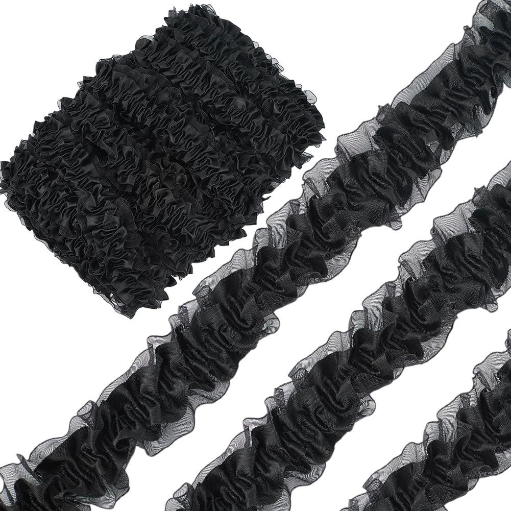 GORGECRAFT 10 Yards Ruffle Lace Trim 1.5" Double Layer Pleated Edge Trim Ribbon Gathered Mesh Tulle Fabric Applique Edging Trimmings for Sewing Bridal Dress Costume Gift Packing Decoration Craft Black