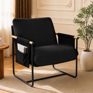 Modern Accent Chair, Plush Boucle Fabric Armchair with Soft Cushion, Cozy Reading Chair for Living Room, Bedroom, Home Office, Black (Set of 1)
