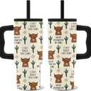 Highland Cow Tumbler with Handle 24oz, Insulated Stainless Steel Western Cows Cup, Highland Cow Gifts for Women Teens Cowgirl Farmer Animal Lovers
